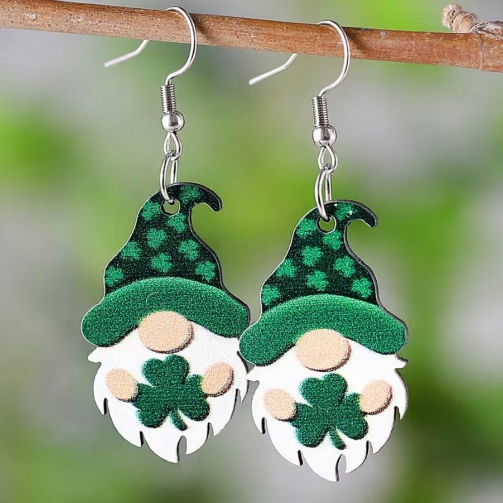 Gnome Earrings St. Patricks Day Wooden Green Clover Design Stainless Steel Posts
